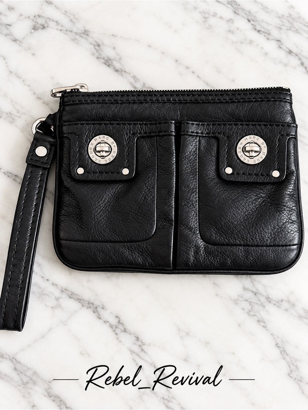 Marc by Marc Jacobs Percy Black Leather Wristlet Clutch Silver Hardware Y2K
